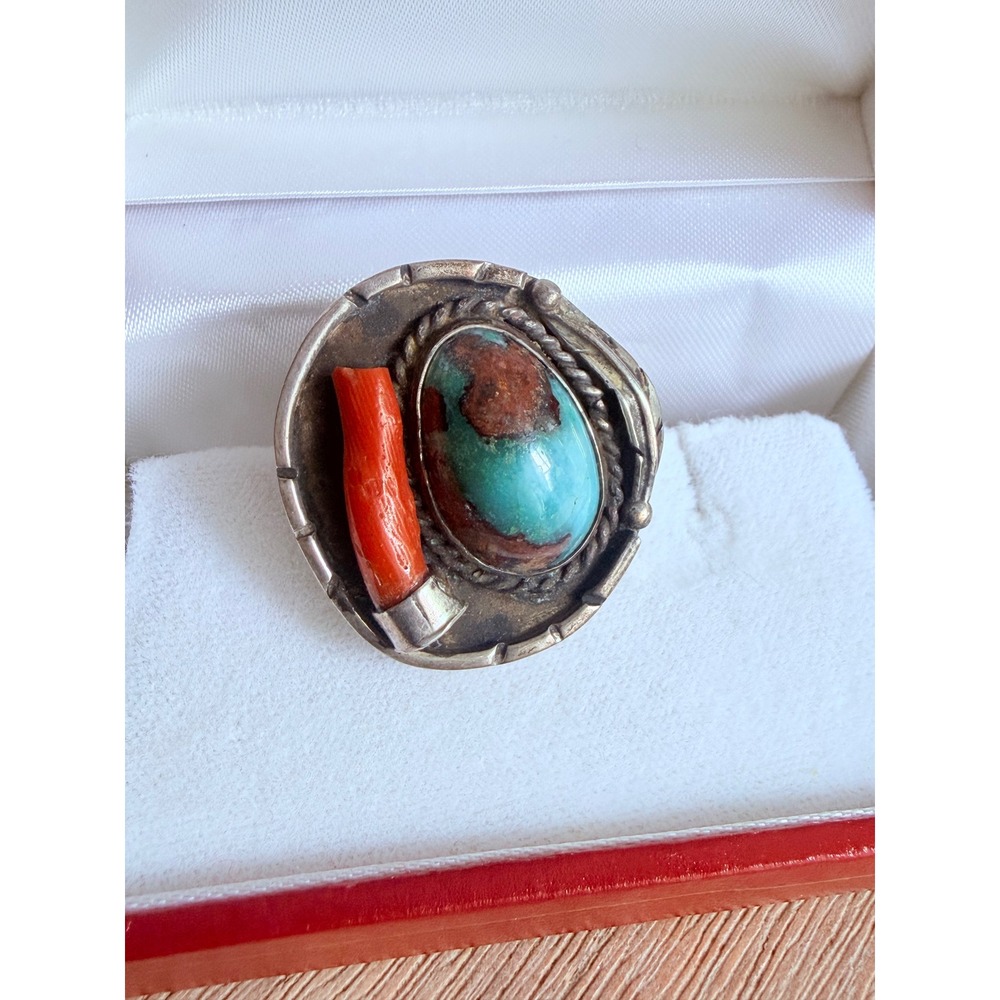 Sterling turquoise coral ring .